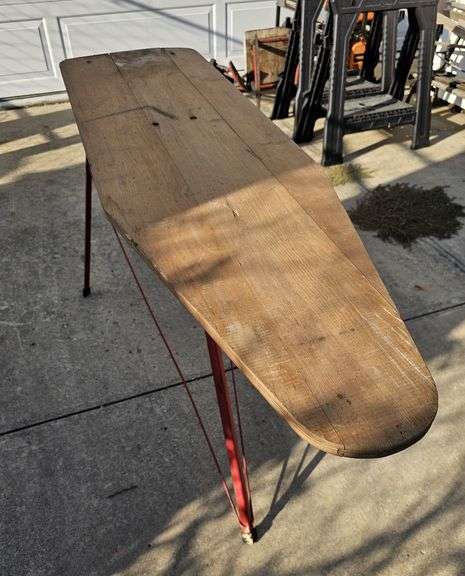 Wash Day Laundry Items. 2 ironing boards, brass coat rack, washboards, rug beaters, garment bags, etc image