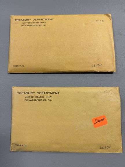 1955 and 1956 US Mint proof sets in original, sealed envelopes image