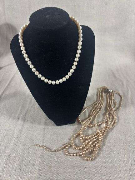 Single strand of pearl beads with gold marked clasp and multi strand pearl beads with broken strand image