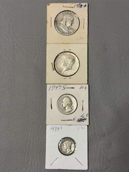 1953 Franklin half dollar, 1964 Kennedy half dollar, 1947 Washington quarter, 1939 Mercury dime image