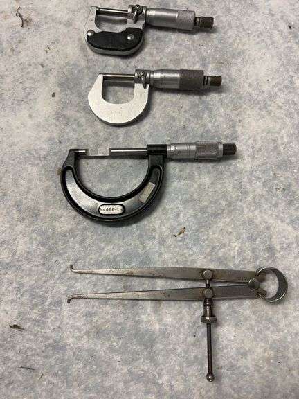 Starrett blade type, 0 to 1-in micrometer, Starrett inside caliper, 2 micrometers 0 to 1 in one Mitutoyo, one unknown. image