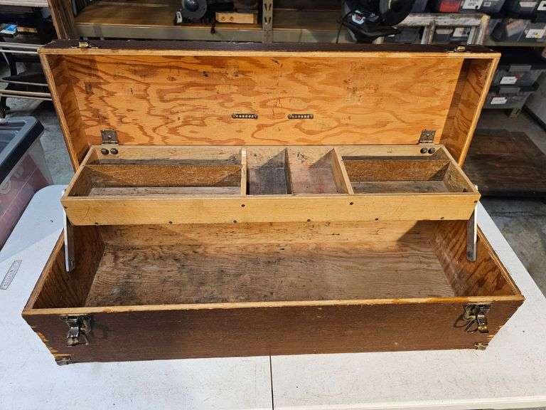 Wooden tool box and tools image