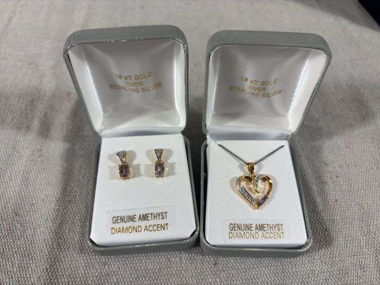 Amethyst with diamond accent, set in 18 karat gold over sterling silver - earring and matching heart pendant set 7 g total weight image