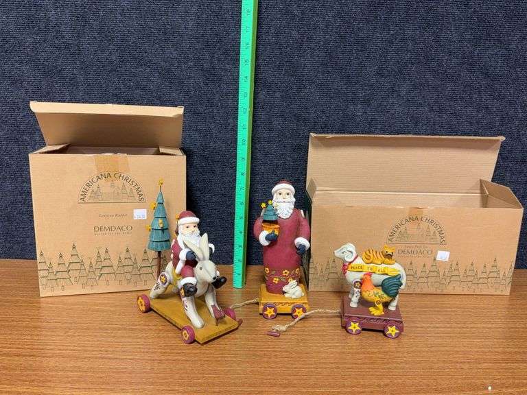 Two Demdaco Christmas decorations-Santa Pull Toy and Santa on Rabbit image
