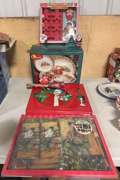 ALL NEW S&P, gingerbread man baking set, baking mat & utensil set, 6pc cutting board set and cake serving set, Gibson 4pc service for 4 stoneware dinner set w snowmen image