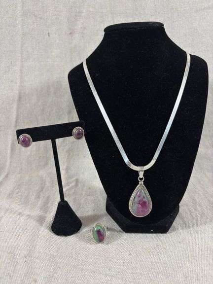 Sterling and ruby zoisite set - pendant on herringbone chain, stud earrings, and ring size 5 1/2, 37.5 grams total weight image