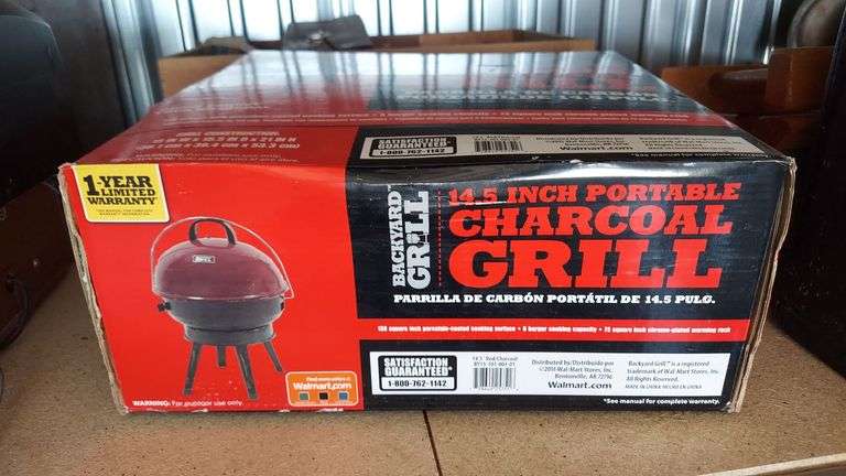 Camping & Outdoors! Charcoal Grill new in box, camp chairs, folding camp tables, lantern, Thermos image