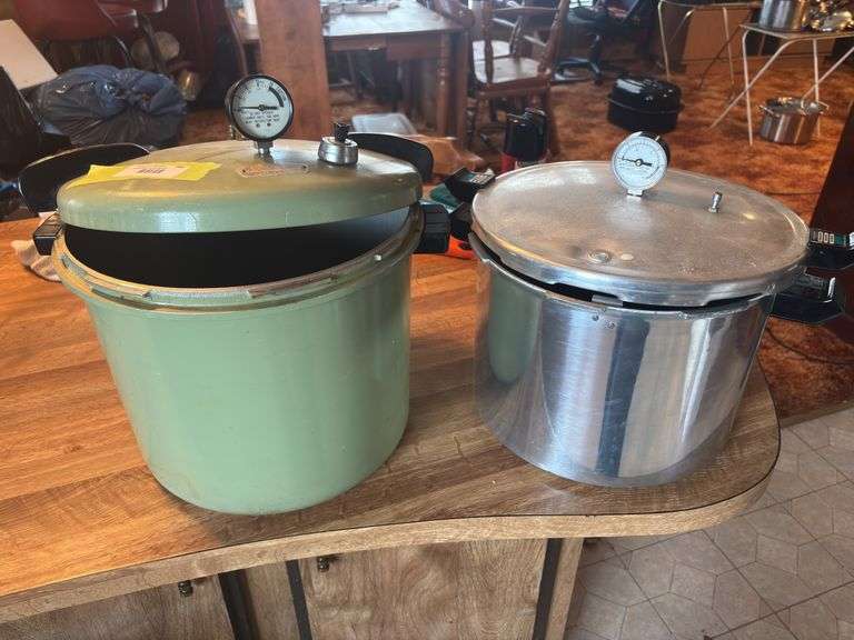 Presto pressure canner without a weight and vintage Sears pressure canner with weight image