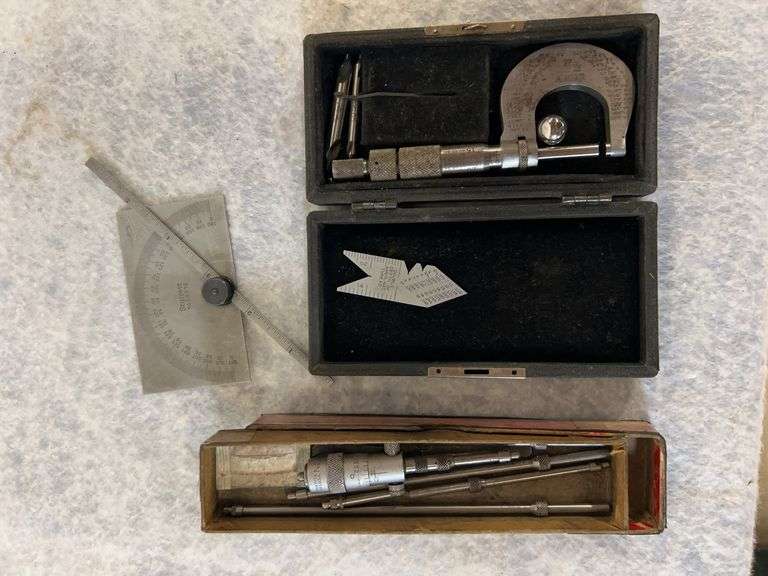 Lufkin model 1461 1-in micrometer, Lufkin model C36 thread gauge, Starrett angle gauge model C4938, Starrett model 124 inside micrometer with six rods. image