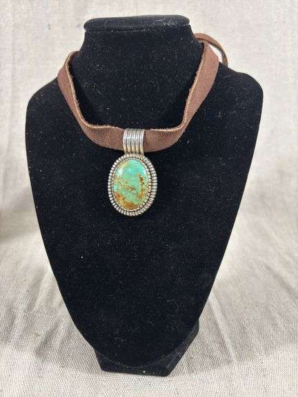 Sterling and turquoise pendant on leather strap, pendant weight: 26 g image