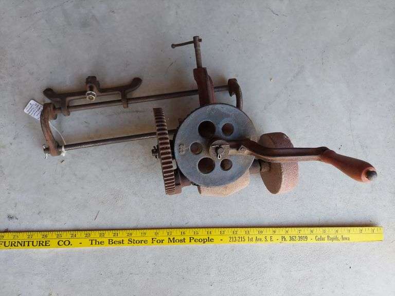 Bench-mount Hand-crank double grindstone sharpener, vintage image