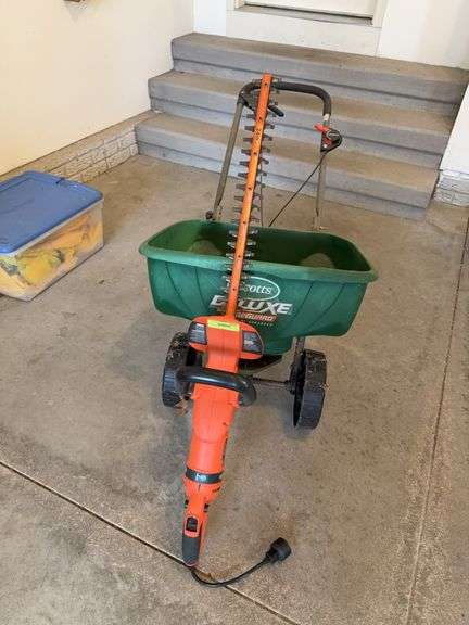 Black & Decker adjustable handle elec hedge trimmers and Scotts broadcast spreader image