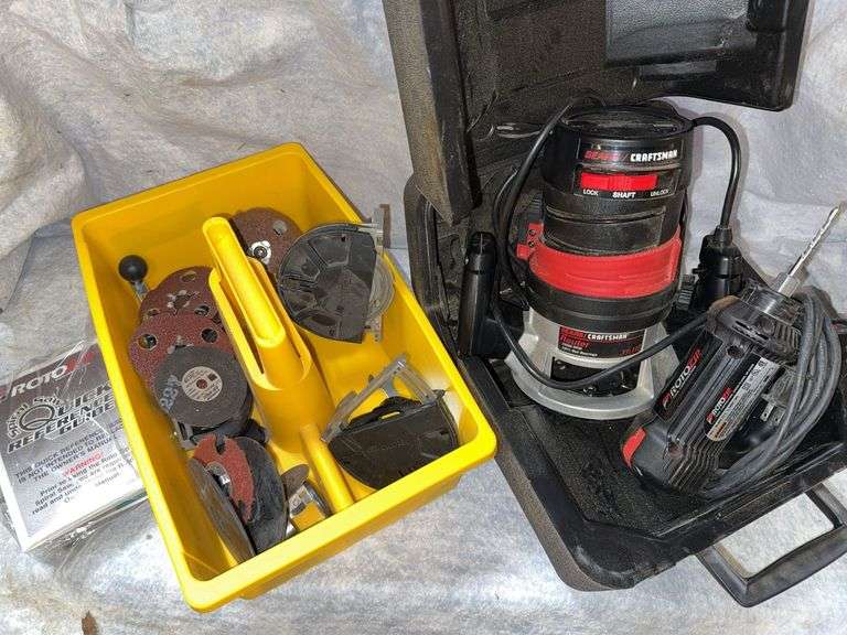 Rotozip kit consisting of motor, two right angle grinders, a various cutters, sanders. Lot of bits. Sanding discs. Circle cutting jig. Craftsman 1- 1/2 hp router, includes three bushing plates. image