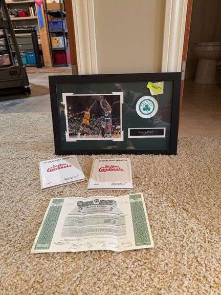Larry Bird autograph collage and 2 books w/ NBA trading cards image
