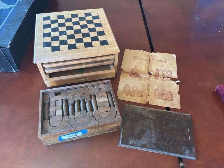 Antique children’s toy "The Walnut Blocks" with original wood storage case and paperwork, and multi game wood box
