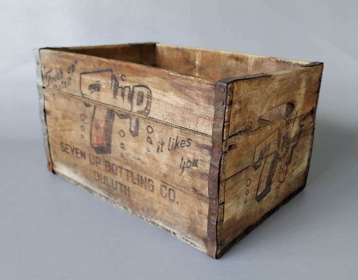 Vintage 7up Wooden Crate with ORIGINAL INSERT, Wood with metal strapping, Estimated Era 1940s. Seven Up Bottling Co. Duluth, MN. Vintage age & wear as expected, rust patina on metal strapping, some corrosion on one strap of bottom side (see photos) doesn't seem to affect structural stability. Dimensions 14.75"L x 10.25"W x 8"H image