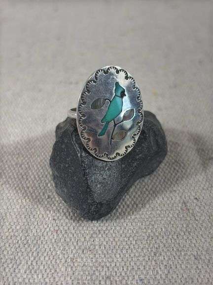 engraved by maker, inlaid and stamped bluejay with mother-of-pearl ring size 7 1/2, 6.8 g total weight image