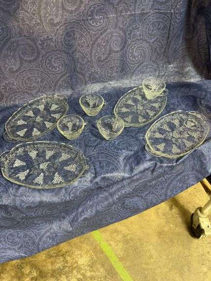Anchor Hocking Serva-Snack set. Six sets Grape pattern. Extras include eight cups and four trays. image