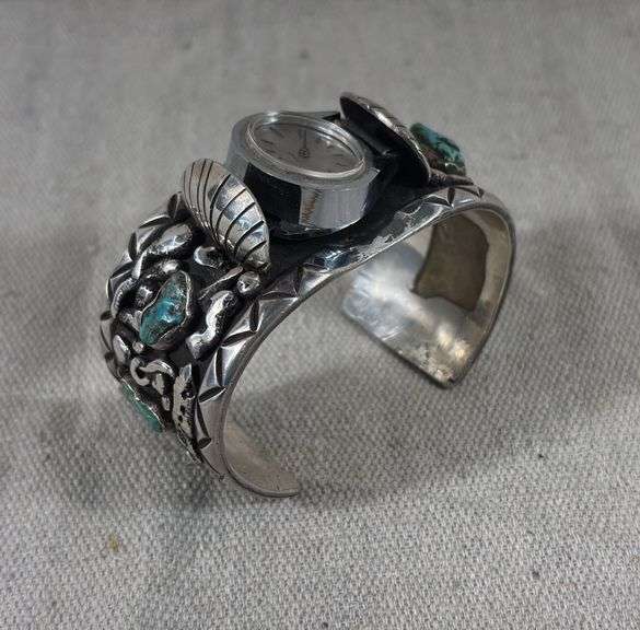 Heavy men’s vintage unmarked D stamped turquoise watch cuff 130 g total weight image