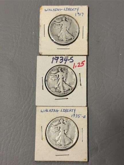 Three Walking Liberty half dollars-(1) 1917, (1) 1934, (1) 1935 image