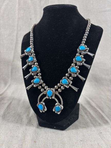 Sterling and turquoise squash blossom 61.8 g total weight 1.75 x 1.75” naja image