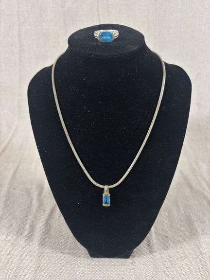 Sterling and 18 karat gold with aquamarine pendant on heavy chain 17.4 g and matching ring size 7, 8.5 g image
