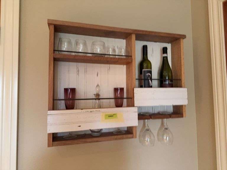30 x 24 wall shelf and glasses, empty wine bottles image