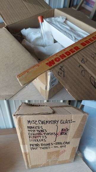 Chemistry glass, beakers, petri dishes, test tubes, nice wood microscope slide box image