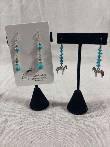 Two pair of sterling and turquoise dangle earrings image