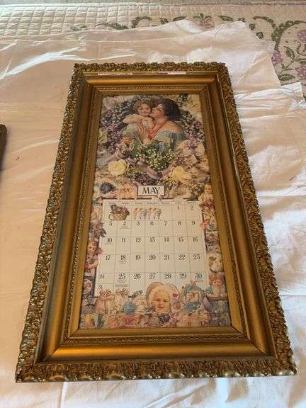 Two framed pictures-17x31 May calendar page and canvas flowers marked on back Ruth L Zipprich 1912 image