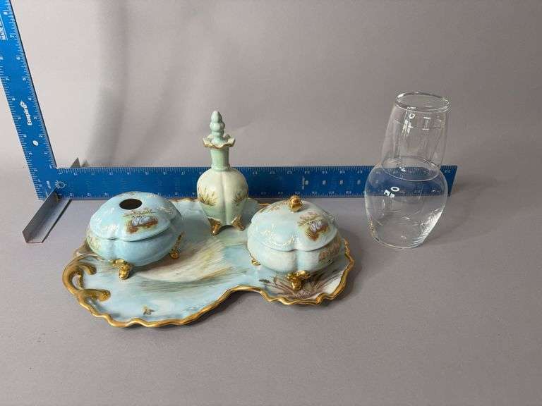 Hand painted dresser set by Marie Gordon and Princess House bedside night set image