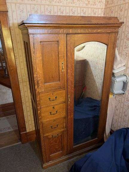 Quarter sawn oak All in One, probably a hotel piece, wardrobe, dresser drawers, tip out linen bin, beveled edge full length mirror 24D x 45L x 78H NO CONTENTS image