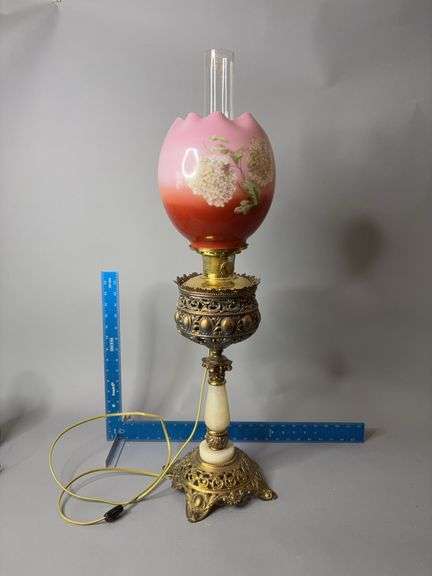Approx 32” tall electrified lamp w Aladdin wick raiser and chimney image