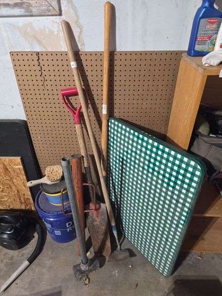 Spade, Posthole pounder, sledgehammer, folding table image