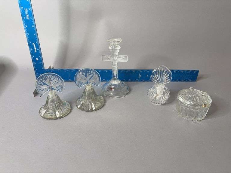 Clear glass candle holder, perfume bottles and trinket box image