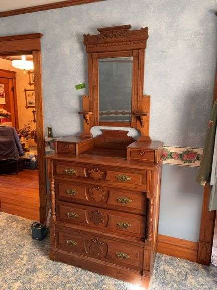 Walnut Eastlake style dresser w/ mirror, candle rests, hanky drawers, 20D x 40L x 84H image