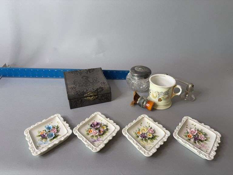 Lefton plaques, mustache cup, embossed jewelry box, etc image