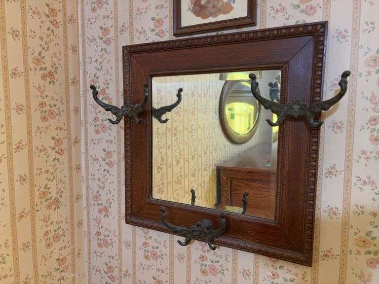 Oak mirrored coat/hat rack, beveled edge mirror, beaded edge frame, original hooks, 20 x 20 image