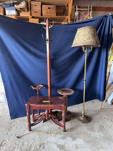 Halltree, brass floor lamp, ash tray stand, plant stand image