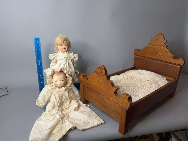 24x17 doll bed and two dolls, bisque and composition, mohair image