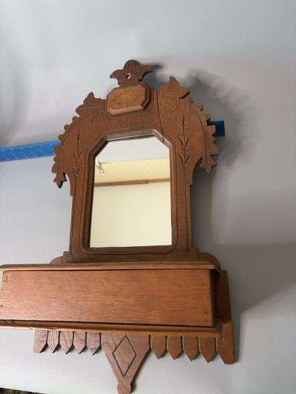 Approx 24” tall carved wall shelf with mirror Does have split at top, see photos image