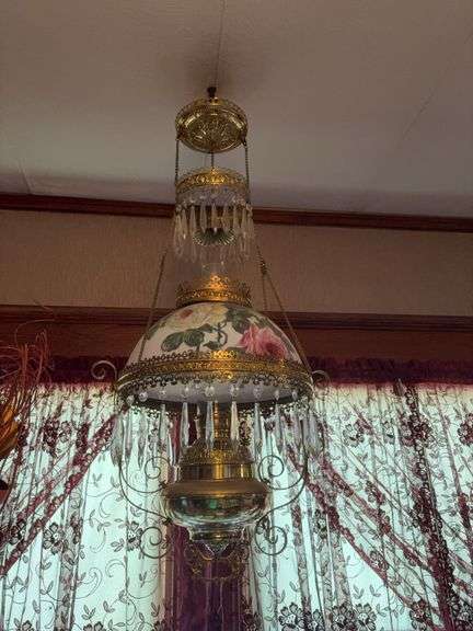 Hanging prism lamp with hand painted milk glass shade, no matching rings, ceiling reel, smoke bell, brass font image