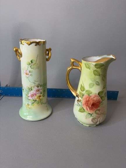 Marie Gordon hand painted pitcher and unmarked hand painted vase image