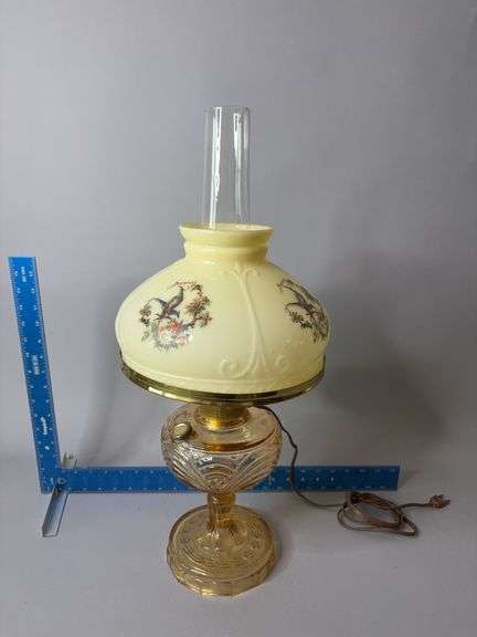 Electrified lamp with amber base and hand painted shade Shade is cracked, see photos image