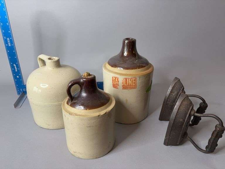 Three stoneware jugs and two No.8 sad irons image