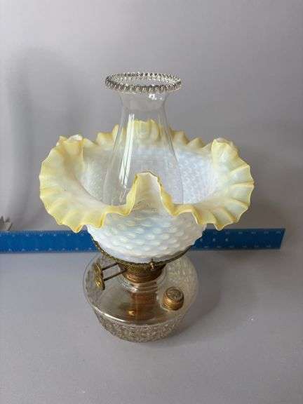 Two wick oil lamp with clear glass font and opalescent hobnail shade image