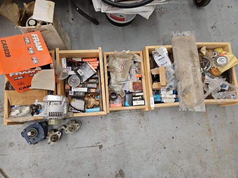 5 Wood Boxes of Misc Car Parts, Motor, Air Filter image