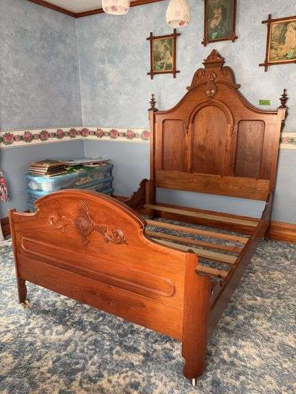 Walnut full size bed with curved footboard Headboard measures 57 x 74 tall image
