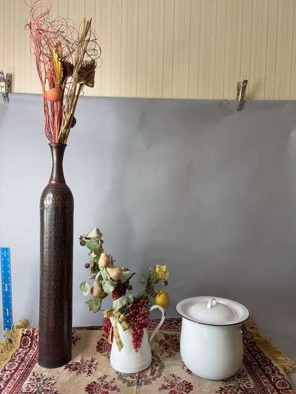 Two pieces enamel ware, modern hammered vase and tapestry image