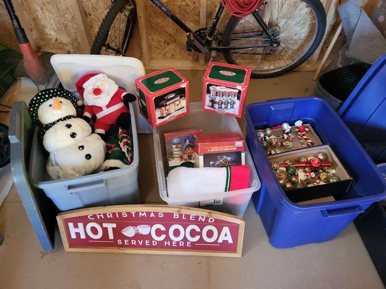 Three totes of Christmas decorations image